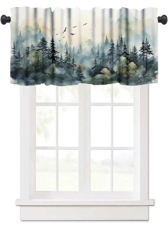 LOMADIA Forest Kitchen Valance Curtain, Watercolor Style Nature Mountain Woodland Green Forest Flying Birds Pattern Window Treatment Rod Pocket Drapes for Living Room Bedroom Cafe Decor 54x18inch - Image 1